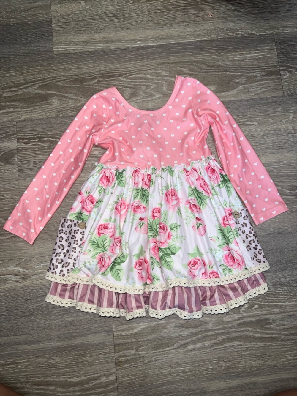Cheeky Plum Pink Heart Floral Leopard Pocket Long Sleeve Dress 3T Toddler EUC